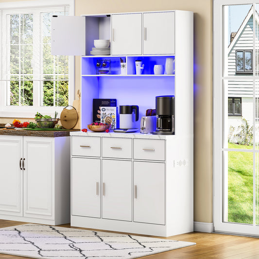 100x40x180cm, Kitchen Tall Cabinet, Pantry, Buffet Cupboard With LED App Controlled, Drawers, Adjustable Shelves, And Charging Station,  For Kitchens And Dining Rooms