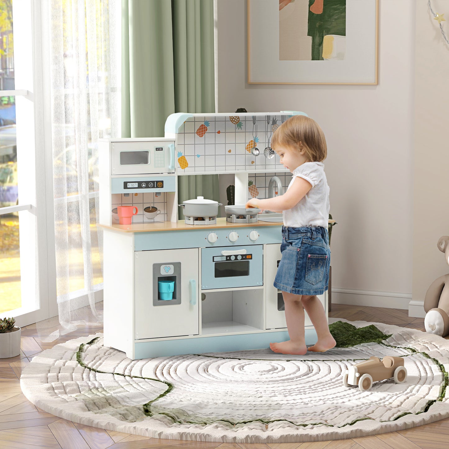 Toy Kitchen, Pretend Role Play Kitchen With Hob, Sound, Light, Coffee Machine, Ice Maker, Microwave