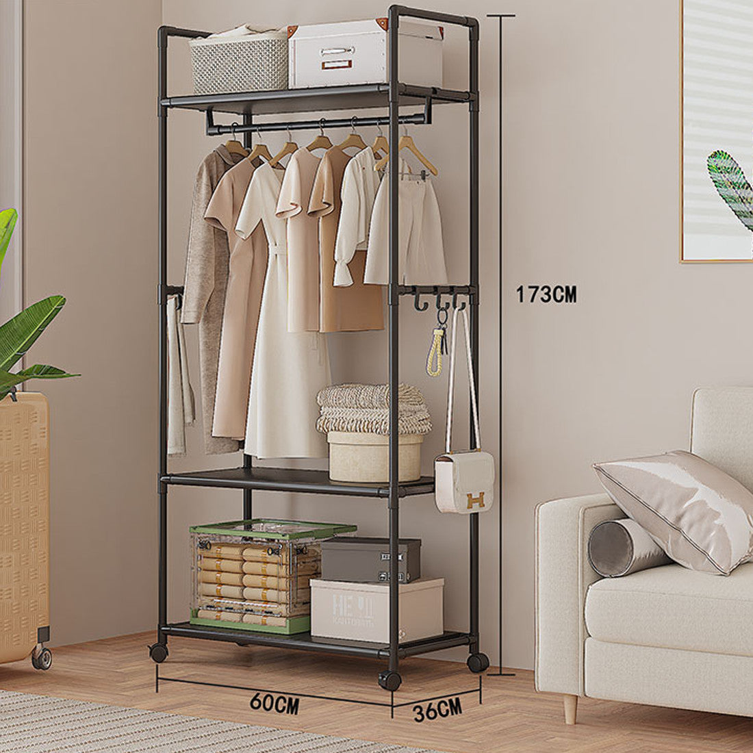 Multifunctional Clothes Rail Garment Hanging Stand Shoe Rack Home Storage Shelf Black Without Wheels
