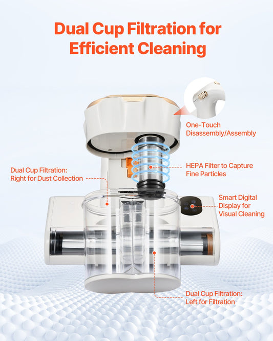 Mattress Vacuum Cleaner, 550W Bed Vacuum Cleaner With 18Kpa Powerful Suction And Dual Dust Bin, HEPA Filter & Heating, Ultrasound Tech & Cleaning Lights, Handheld For Bed, Sofa, Corded, White