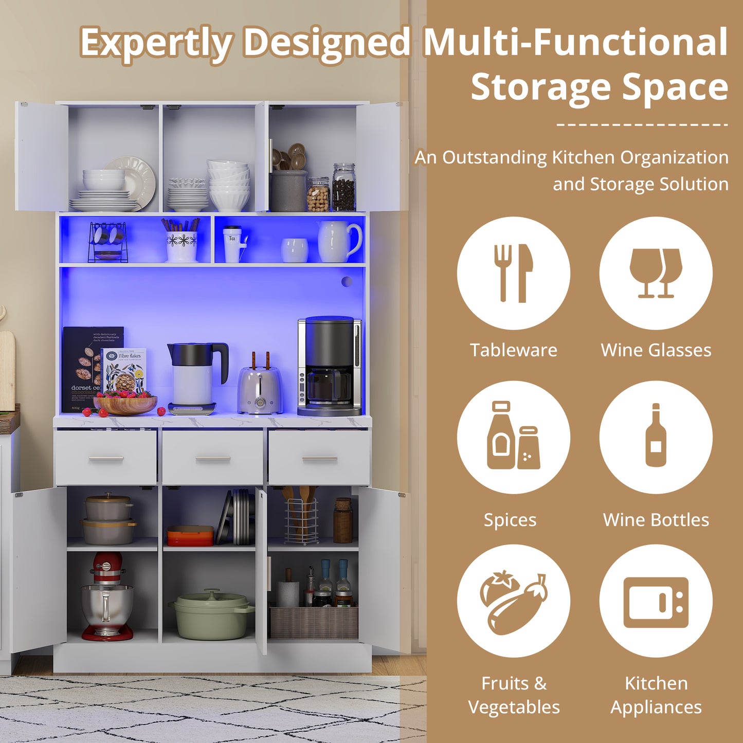 100x40x180cm, Kitchen Tall Cabinet, Pantry, Buffet Cupboard With LED App Controlled, Drawers, Adjustable Shelves, And Charging Station,  For Kitchens And Dining Rooms