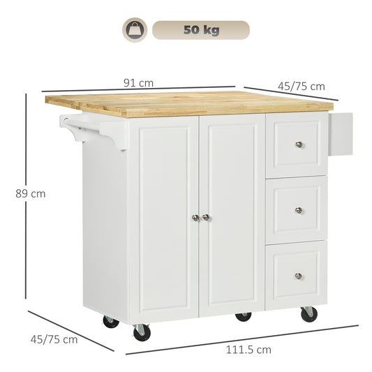 Kitchen Island On Wheels, Rolling Kitchen Storage Trolley With Drop Leaf, Drawers, Towel And Spice Rack, White