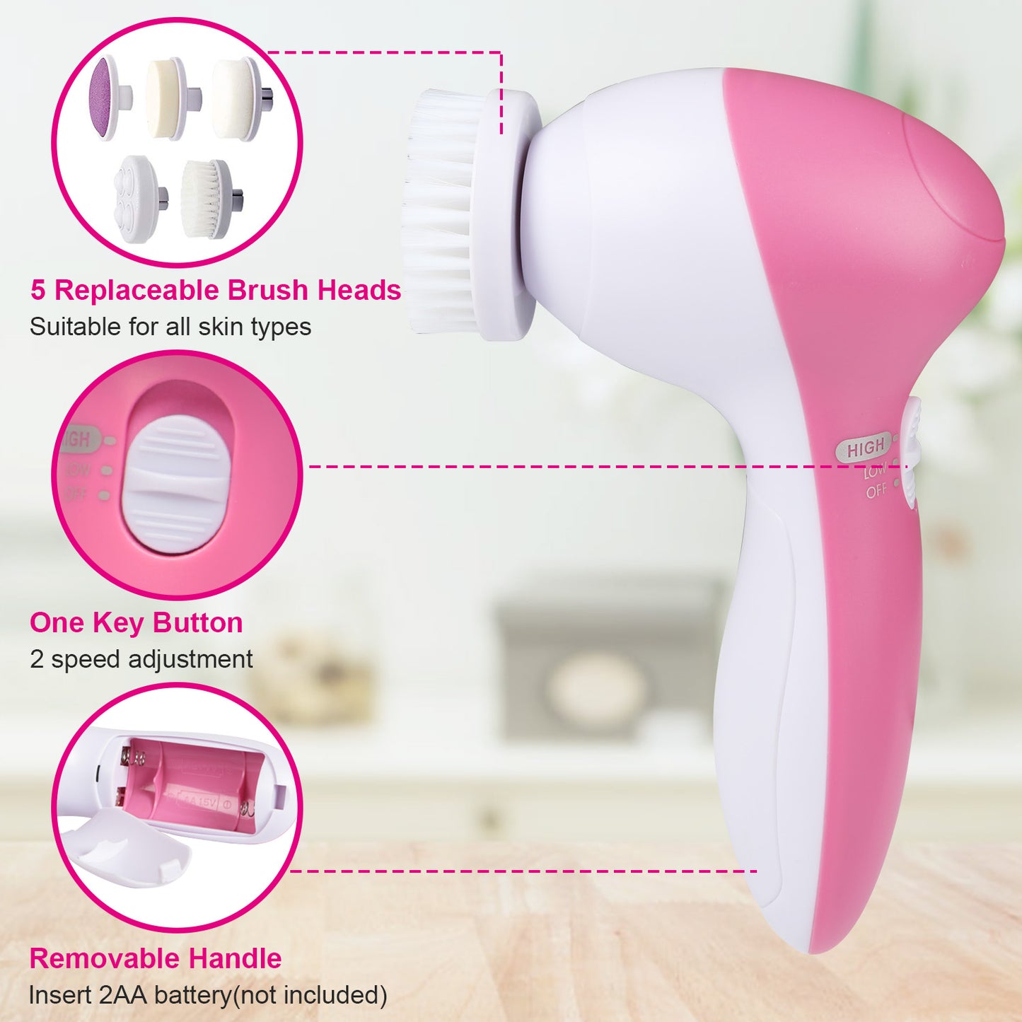 1Pc Facial Cleansing Brush Waterproof Face Spin Cleaning Brush With 5 Brush Heads Deep Cleansing Body Facial Brush Set For Gentle Exfoliating Removing Blackhead And Massaging