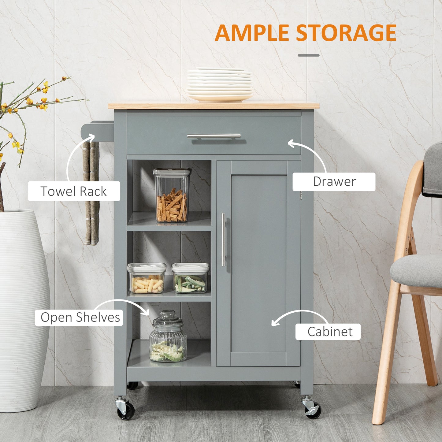 Compact Kitchen Trolley Utility Cart On Wheels With Open Shelf & Storage Drawer For Dining Room, Kitchen, Grey