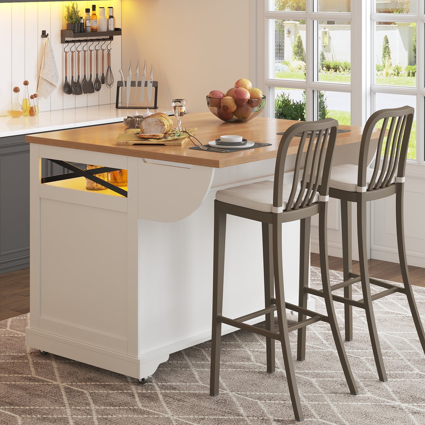 Serving Cart Kitchen Rollable With Drop-Leaf Table & App LED Lighting, Snack Shelves, Multifunctional As Kitchen Island Mobile Bar Side Table, Modern Kitchen Island, Kitchen Cabinet, Dining Table