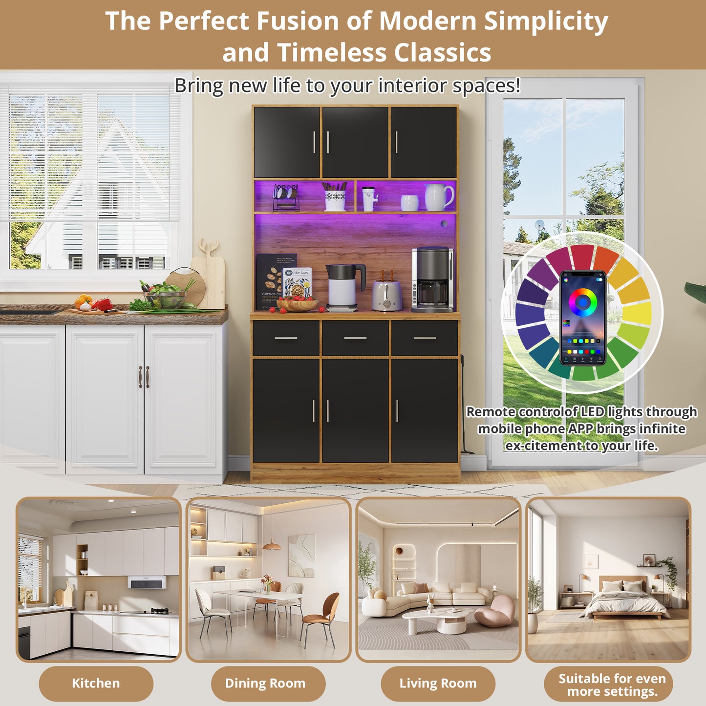 100x40x180cm, Kitchen Tall Cabinet, Pantry, Buffet Cupboard With LED App Controlled, Drawers, Adjustable Shelves, And Charging Station,  For Kitchens And Dining Rooms