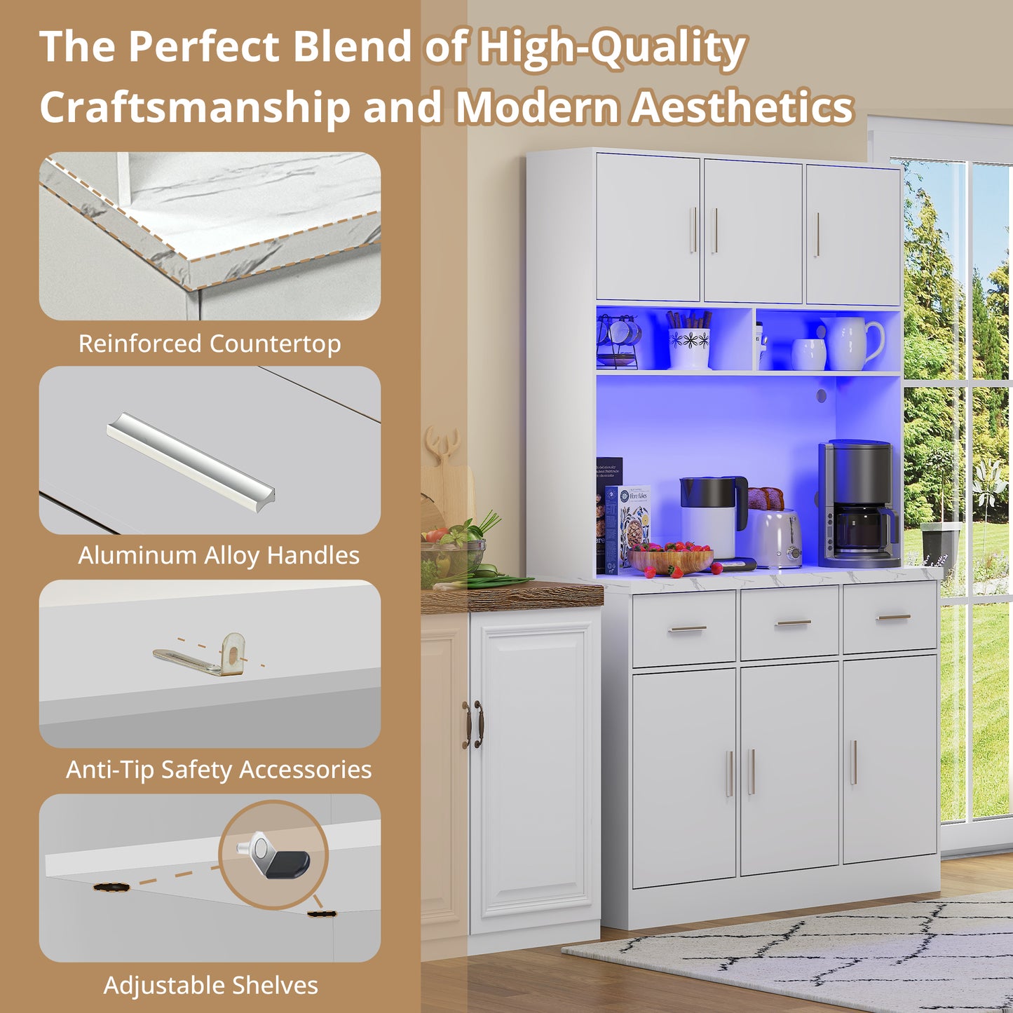 100x40x180cm, Kitchen Tall Cabinet, Pantry, Buffet Cupboard With LED App Controlled, Drawers, Adjustable Shelves, And Charging Station,  For Kitchens And Dining Rooms