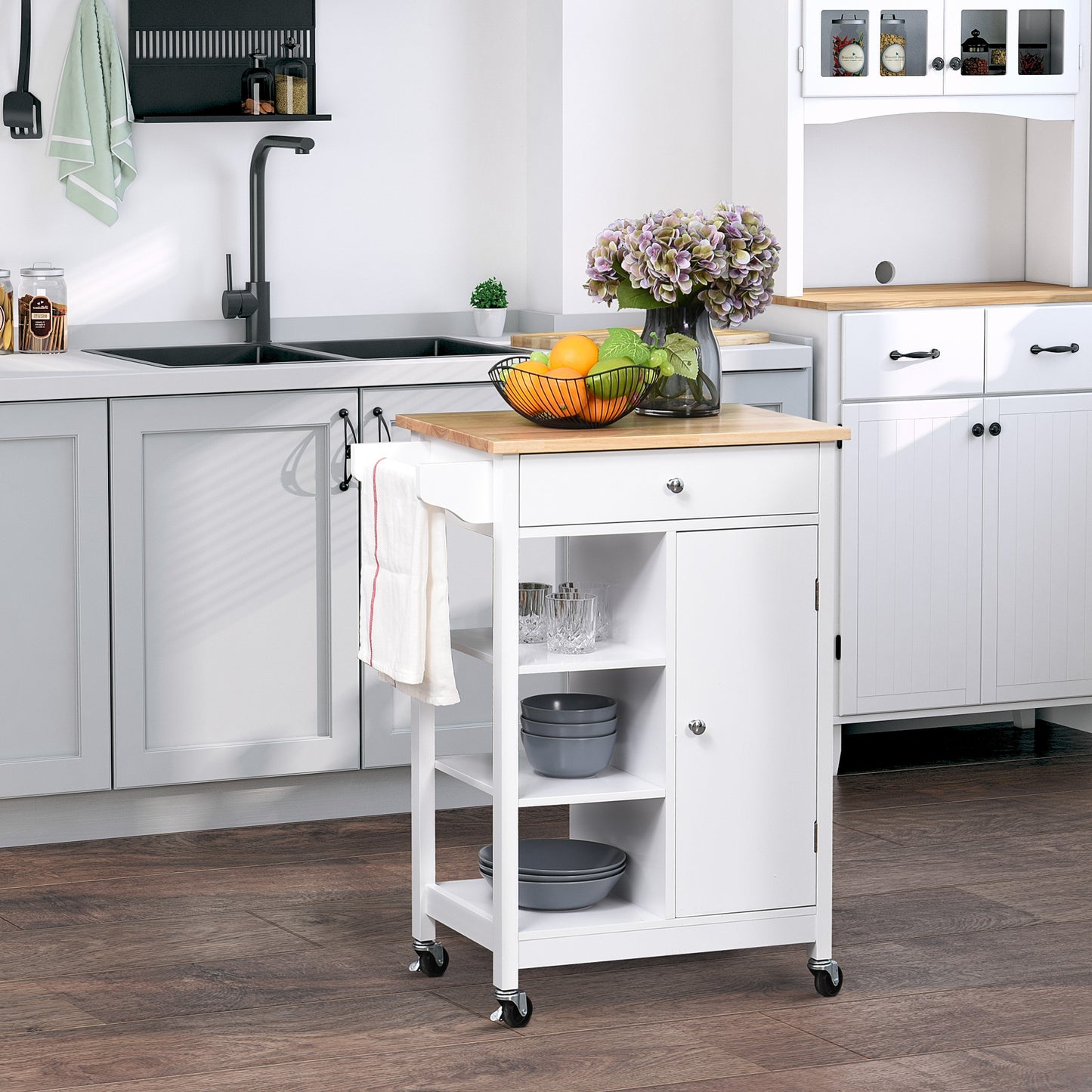 Kitchen Trolley, Kitchen Island On Wheels, W/ Wood Top, 3 Shelves And Storage Cupboard, White
