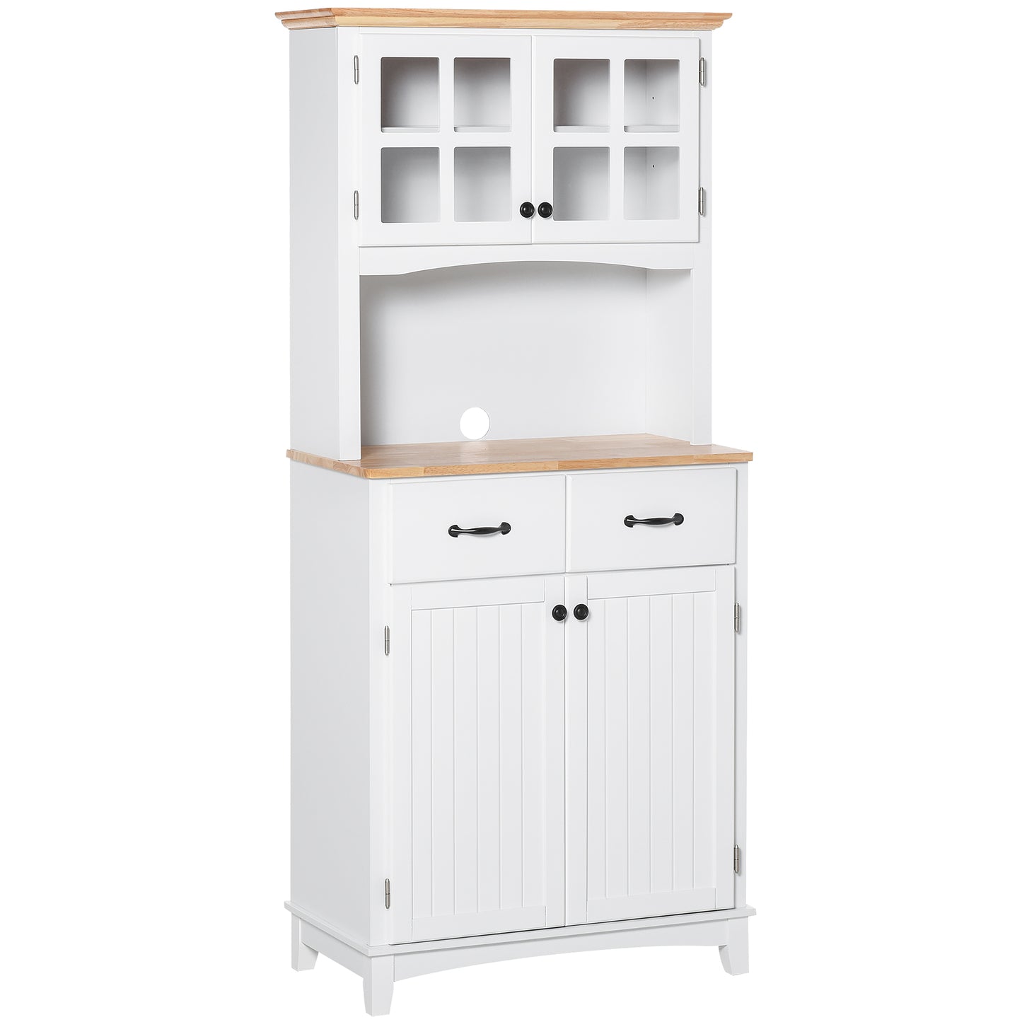 Freestanding Kitchen Cupboard, Kitchen Storage Cabinet With Framed Glass Doors, 2 Drawers, Microwave Counter, 172cm, White
