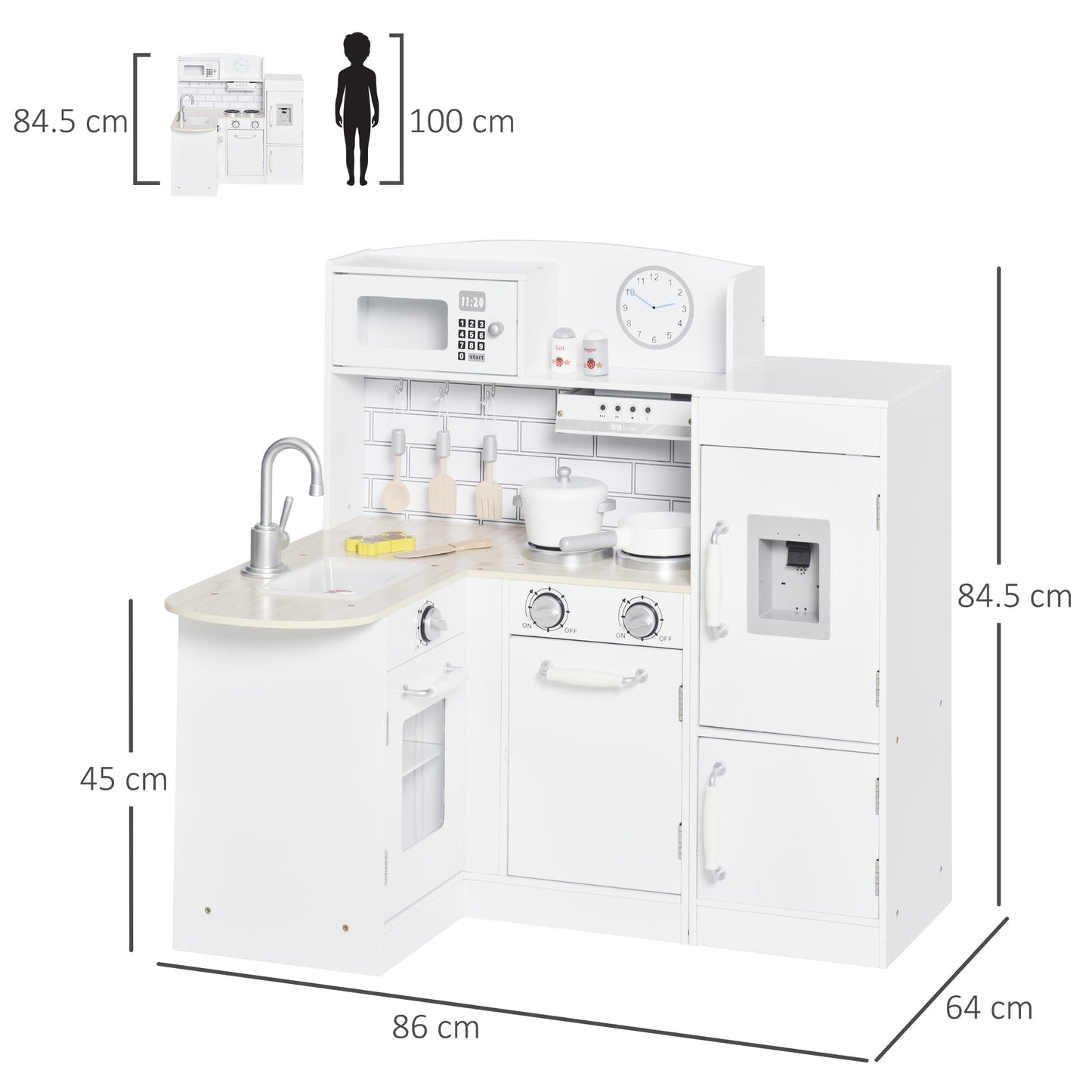 Kids Play Kitchen Wooden Toy Kitchen Cooking Set For Children With Drinking Fountain, Microwave, And Fridge White