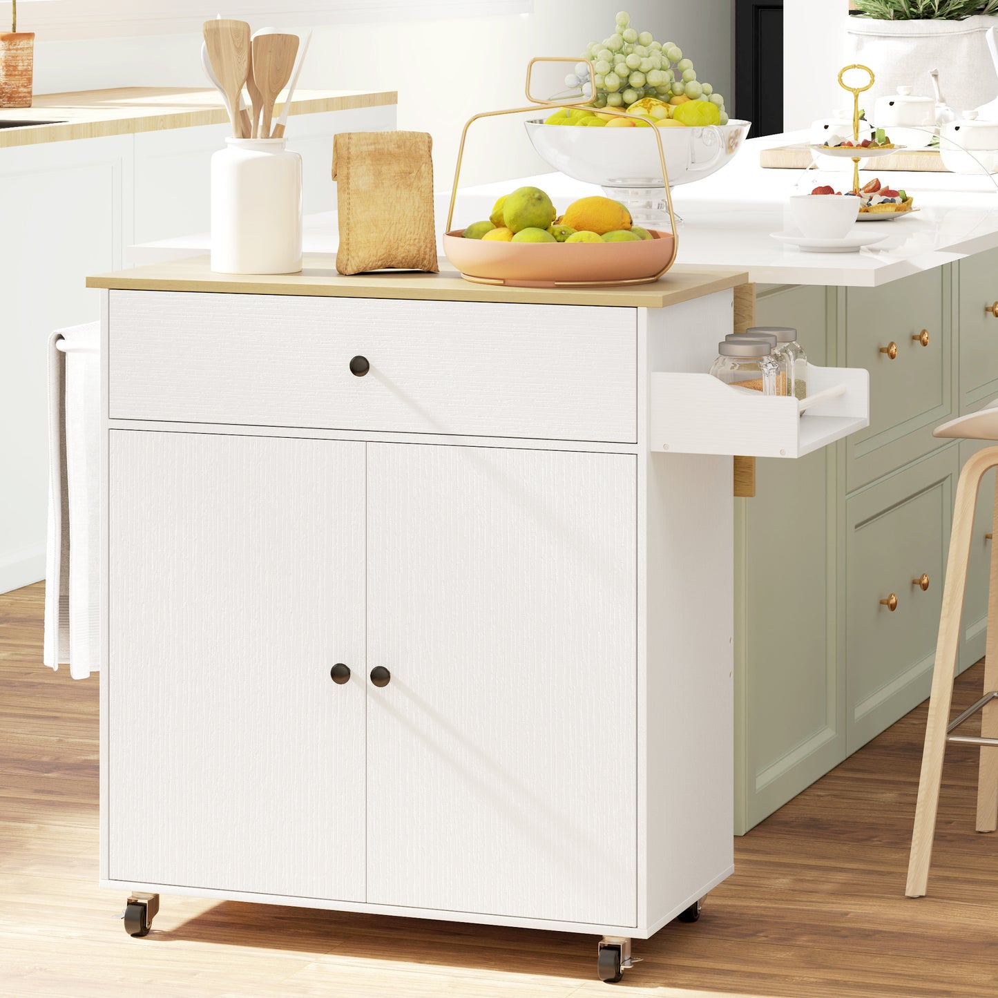Rolling Kitchen Island With Drop Leaf, Kitchen Storage Cart With Drawer, Spice Rack And Towel Rack, White