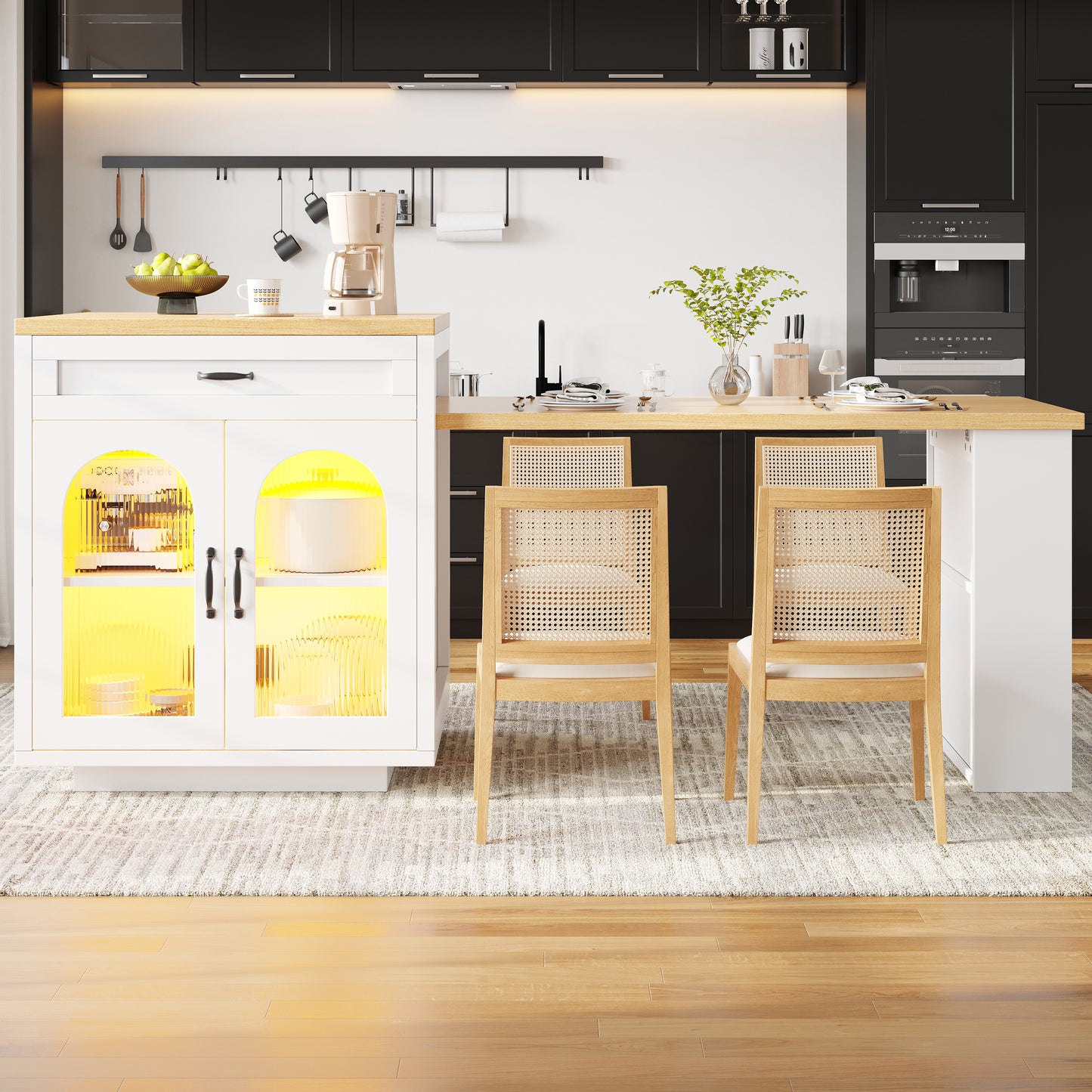 Extendable Kitchen Island With LED Lighting, Modern Storage Cabinet With 2 Drawers & Adjustable Shelves, Kitchen Sideboard With Fluted Glass Doors, MDF Kitchen Countertop For Dining Room