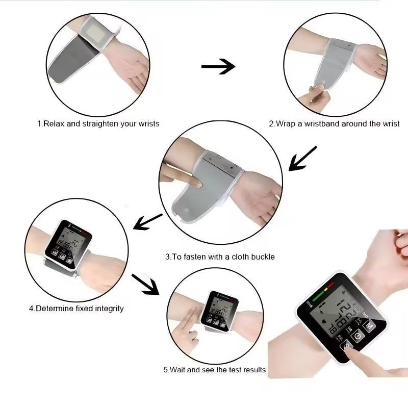 Black Smart Wrist Blood Pressure Monitor With Automatic Measurement And Voice Announcement For Home Use