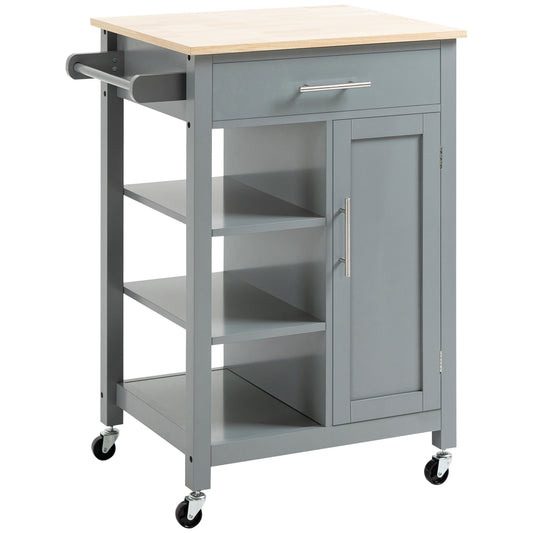 Compact Kitchen Trolley Utility Cart On Wheels With Open Shelf & Storage Drawer For Dining Room, Kitchen, Grey