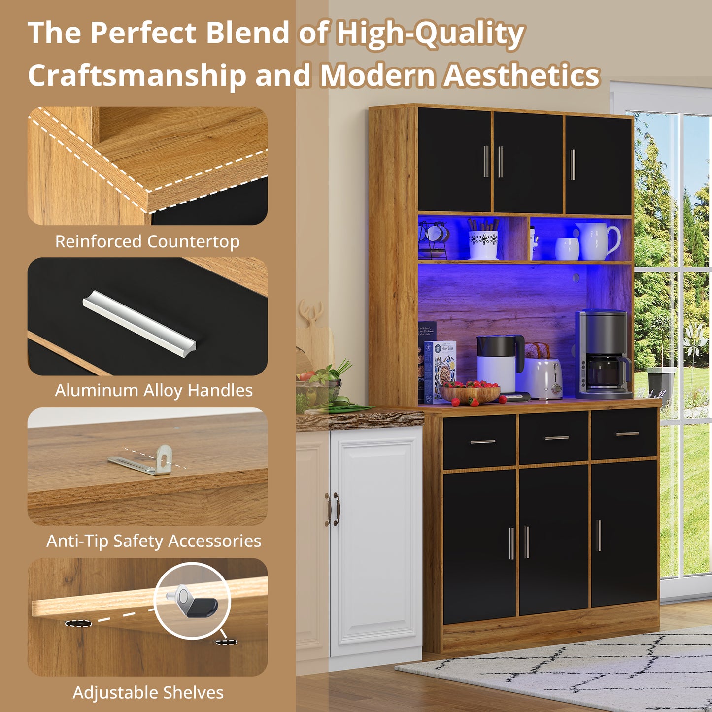 100x40x180cm, Kitchen Tall Cabinet, Pantry, Buffet Cupboard With LED App Controlled, Drawers, Adjustable Shelves, And Charging Station,  For Kitchens And Dining Rooms