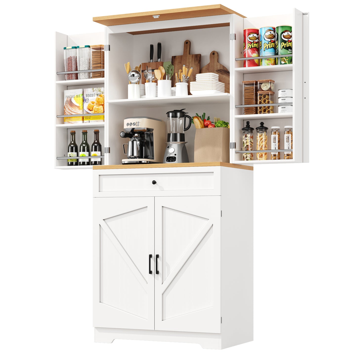 Snack Cabinet, Kitchen Cabinet 80 X 40 X 180 Cm, Tall Kitchen Sideboard, Storage Sideboard, Kitchen Sideboard With Door Frame, White, Suitable For Living Room, Kitchen, Dining Room