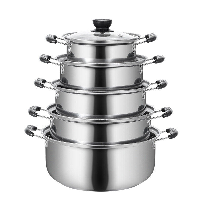 5PCSSet Stainless Steel Saucepan Induction Cooking Pot Cooker Cookware Kitchen