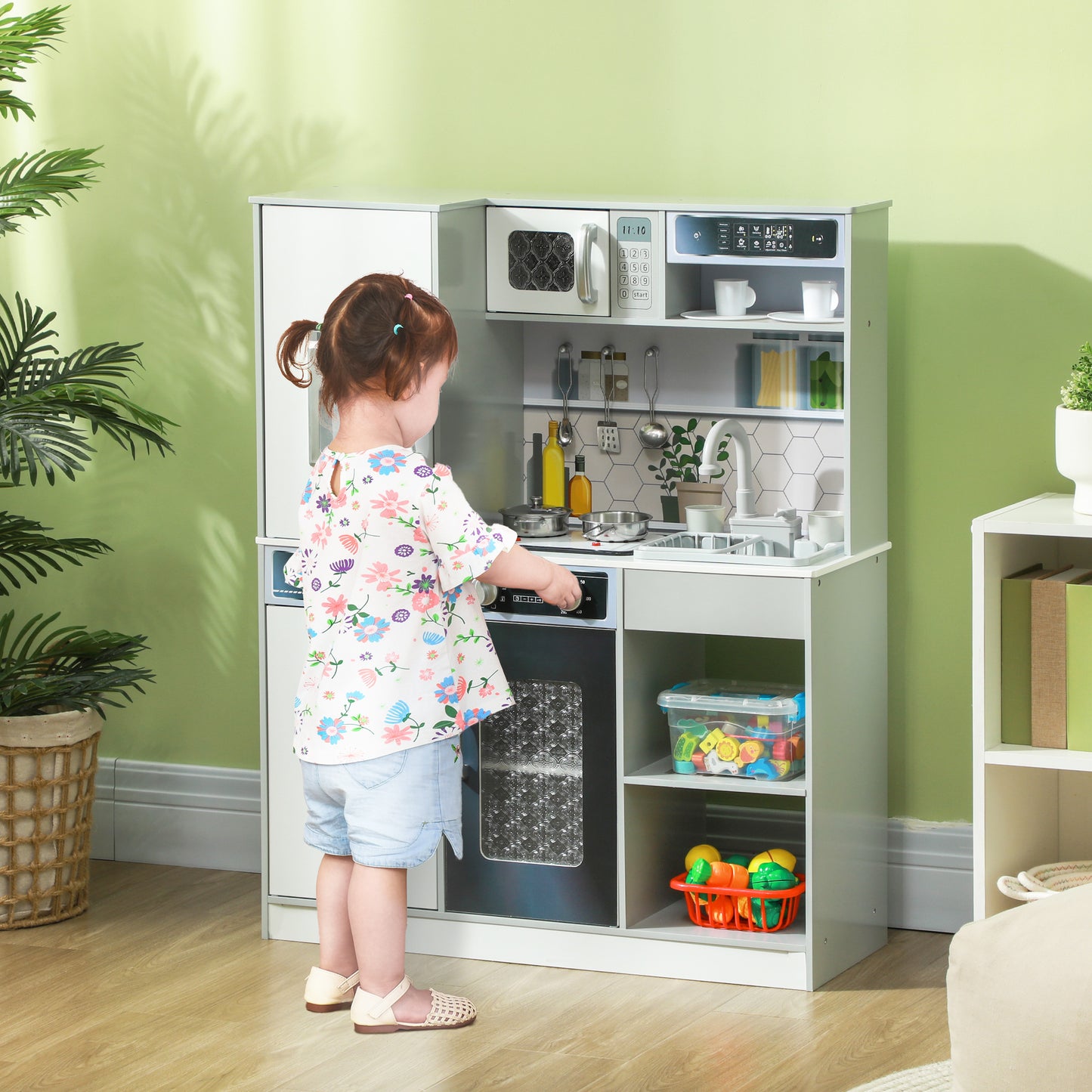 Pretend Play Toy Kitchen, Kids Kitchen Playset W/ Sounds, Lights, Running Water, Coffee Maker, Refrigerator