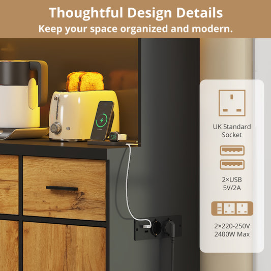 100x40x180cm, Kitchen Tall Cabinet, Pantry, Buffet Cupboard With LED App Controlled, Drawers, Adjustable Shelves, And Charging Station,  For Kitchens And Dining Rooms