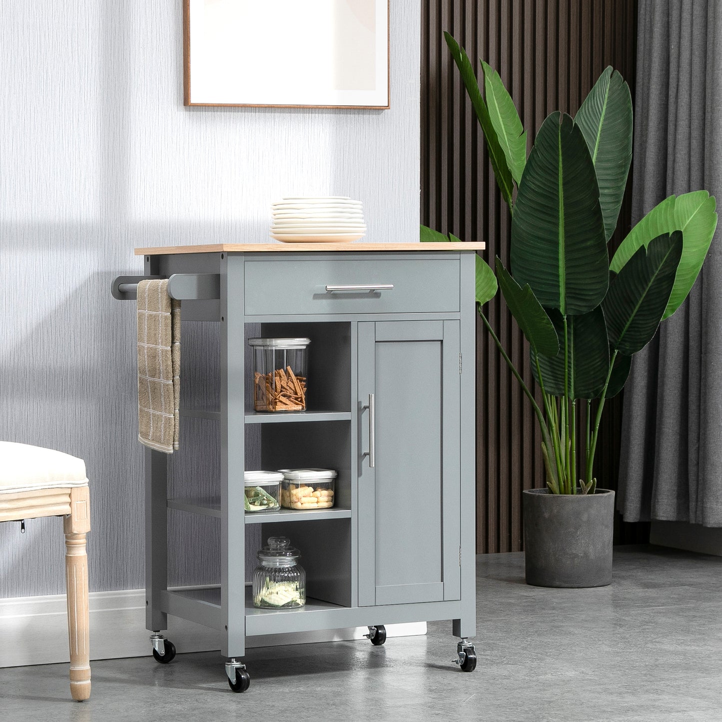 Compact Kitchen Trolley Utility Cart On Wheels With Open Shelf & Storage Drawer For Dining Room, Kitchen, Grey