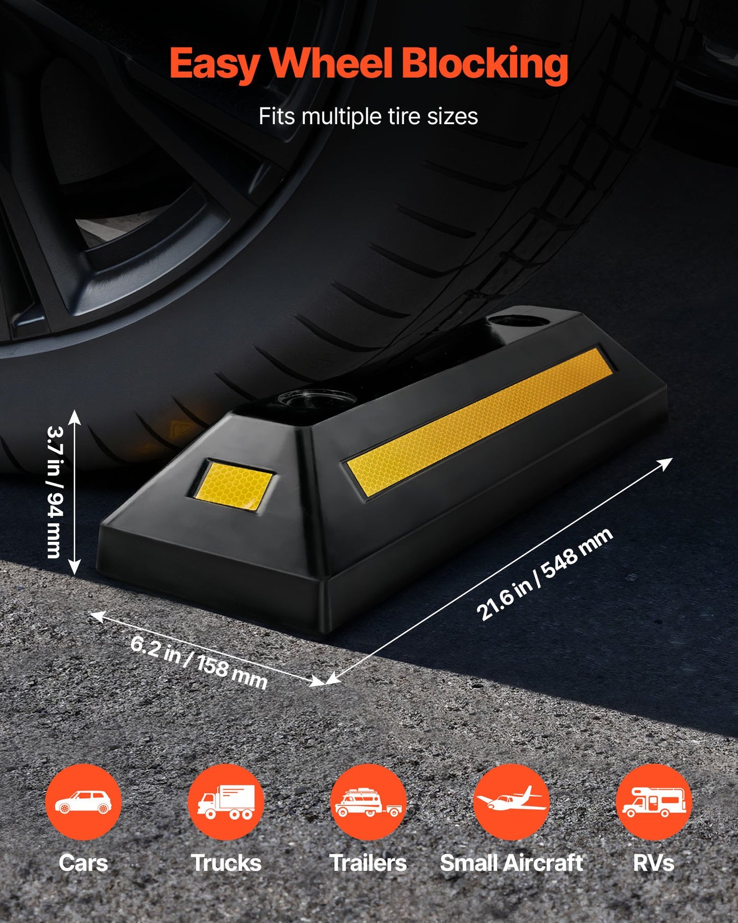 Parking Stopper, 21.6 Inch 2 Pcs Heavy Duty Parking Aid For Garage, Rubber Curb Garage Floor Stopper With Reflective Strips, Aid Gadgets For Cars Vans Trucks Tire Wheel Guide Block Stops Bumpers