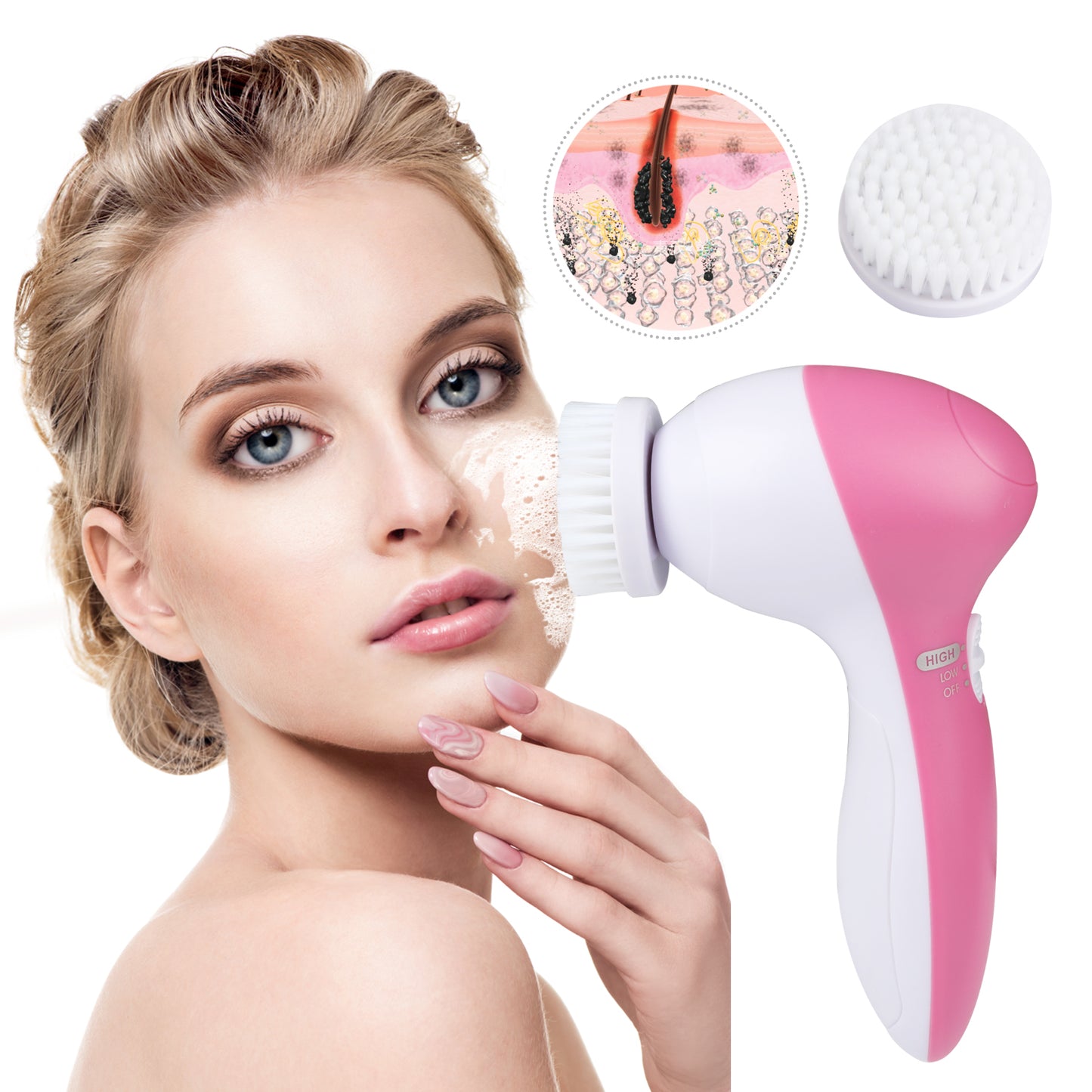 1Pc Facial Cleansing Brush Waterproof Face Spin Cleaning Brush With 5 Brush Heads Deep Cleansing Body Facial Brush Set For Gentle Exfoliating Removing Blackhead And Massaging