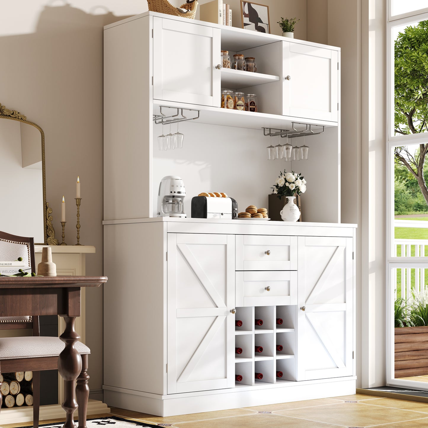 Kitchen Cabinet With Adjustable Shelves & Wine Rack, Tall Kitchen Cabinet With 4 Doors & 2 Drawers, Sideboard For Kitchen & Living Room, Buffet Cabinet, White Balck