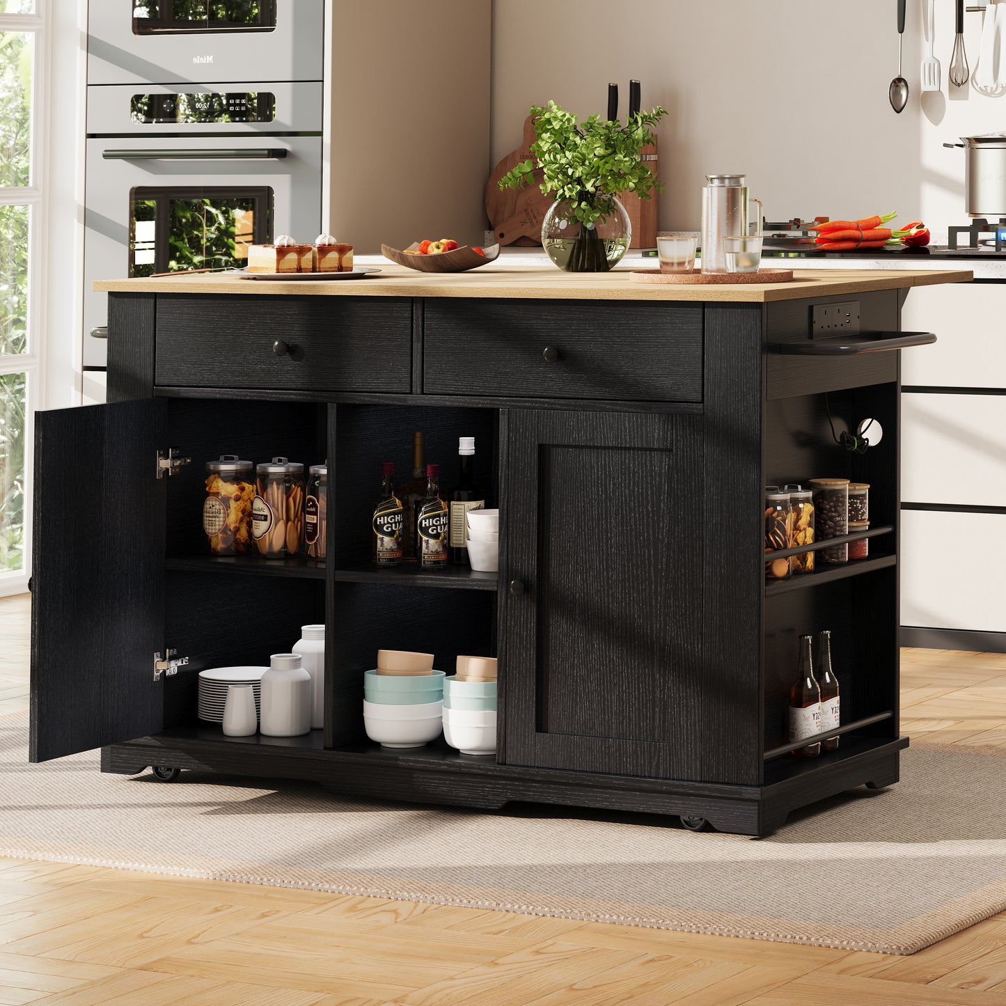 Kitchen Island, Kitchen Trolley Equipped With Power Strip, Kitchen Cabinet, Serving Trolley With Worktop, Buffet Cabinet, Dining Trolley With Wood Grain, Black