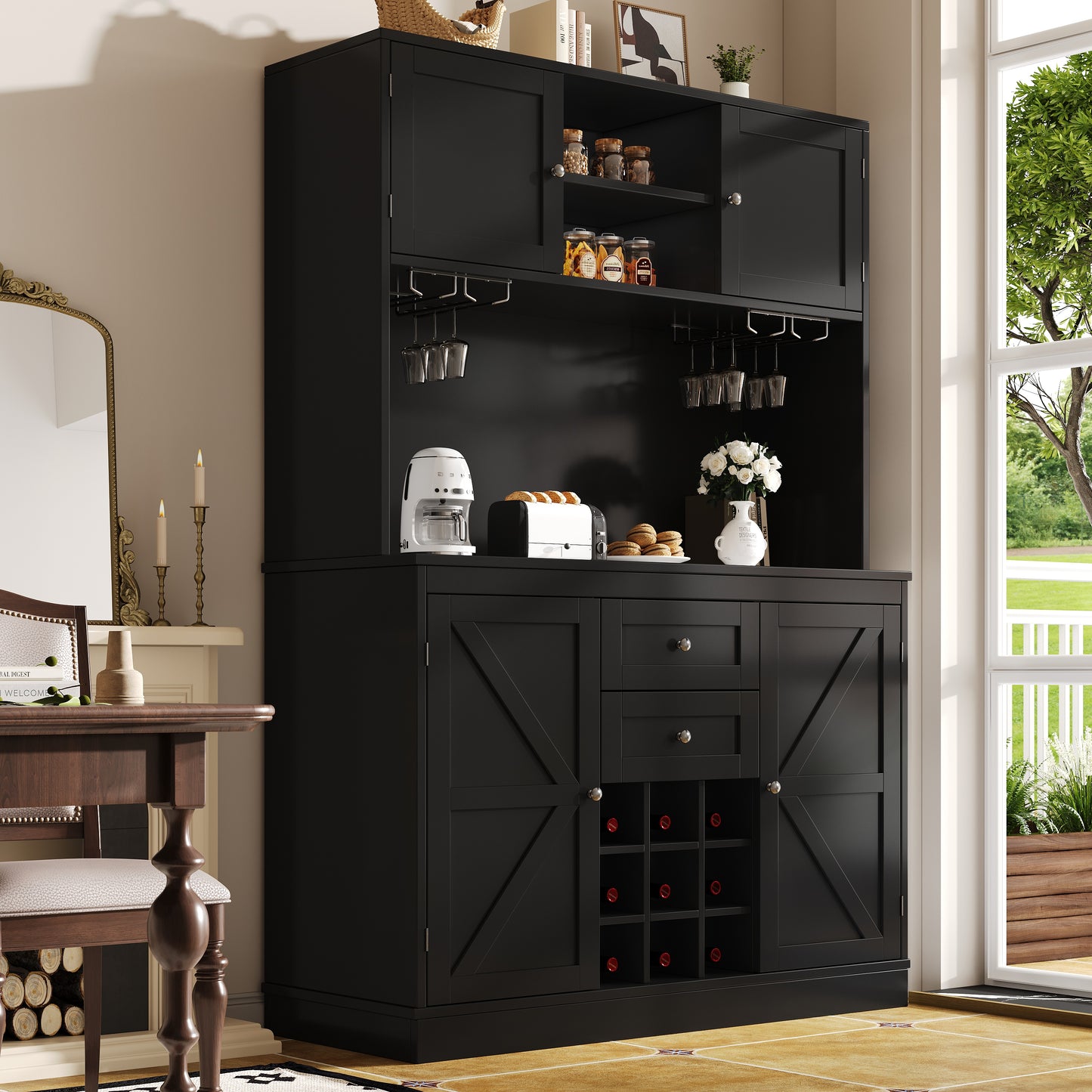 Kitchen Cabinet With Adjustable Shelves & Wine Rack, Tall Kitchen Cabinet With 4 Doors & 2 Drawers, Sideboard For Kitchen & Living Room, Buffet Cabinet, White