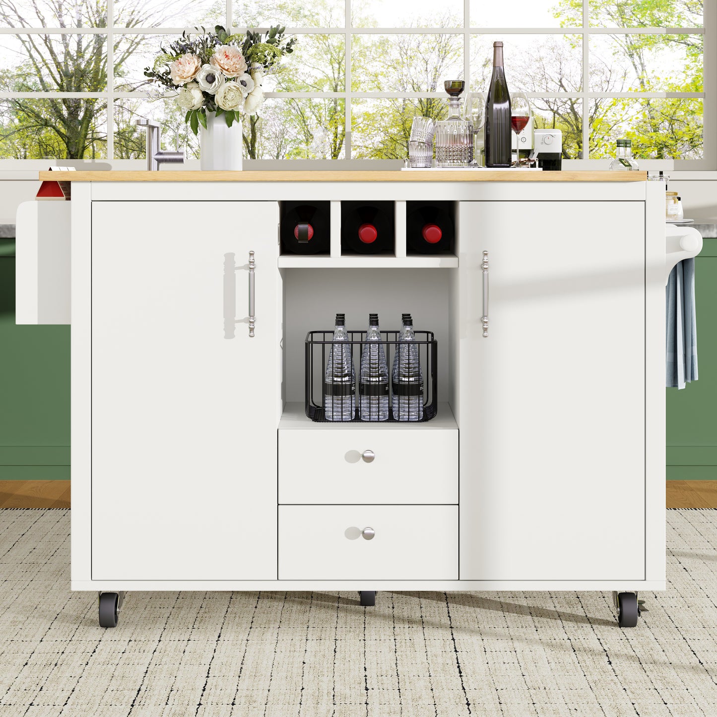 Kitchen Cart, Buffet Cabinet, Kitchen Trolley With Folding Worktop, Kitchen Island With Towel Rack And Spice Rack, Wine Rack And Adjustable Shelves, White