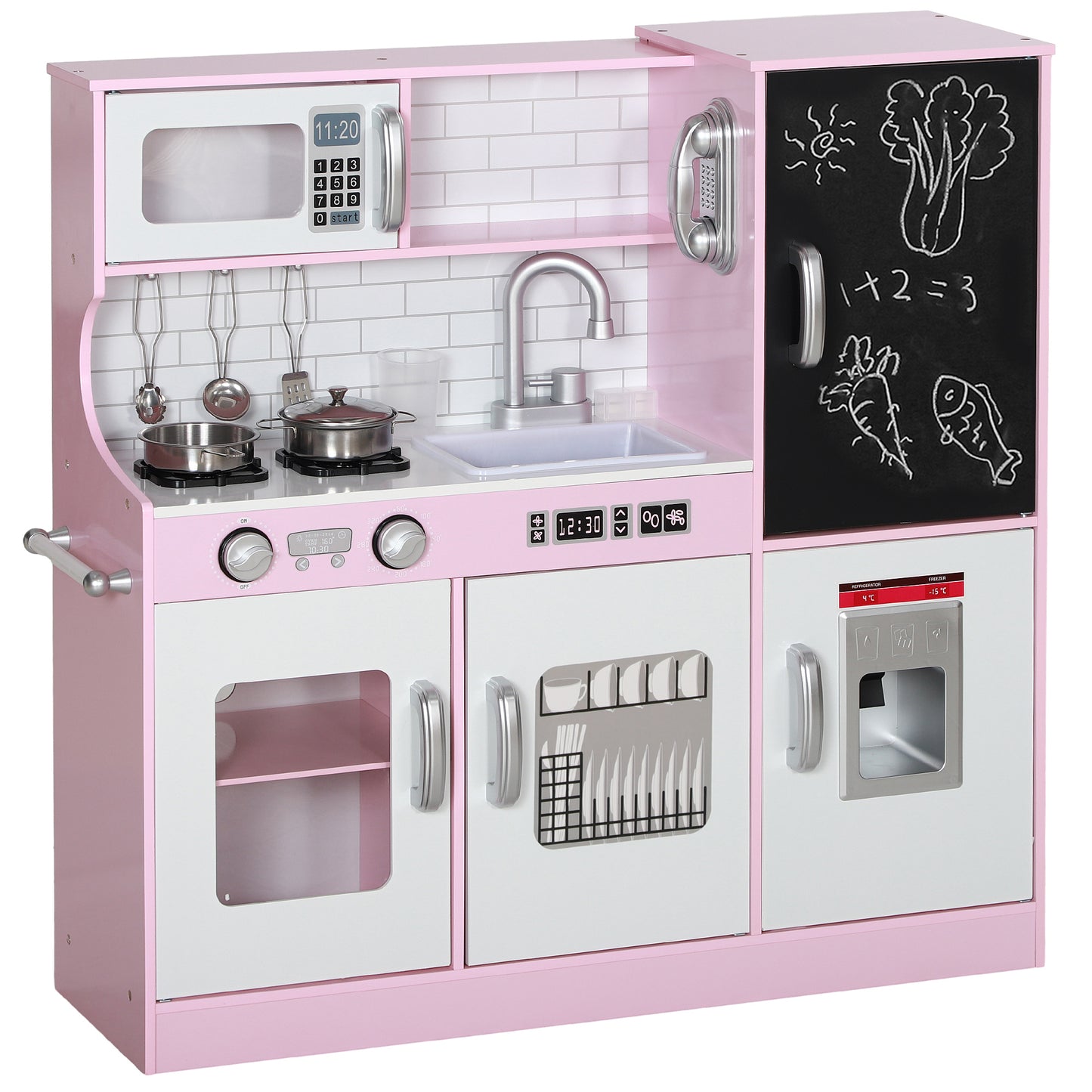 Pretend Play Kitchen, Kids Kitchen Playset W Toy Phone, Chalkboard, Microwave, Cooking Stove, Sink