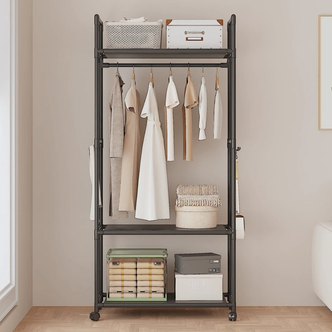 Multifunctional Clothes Rail Garment Hanging Stand Shoe Rack Home Storage Shelf Black Without Wheels