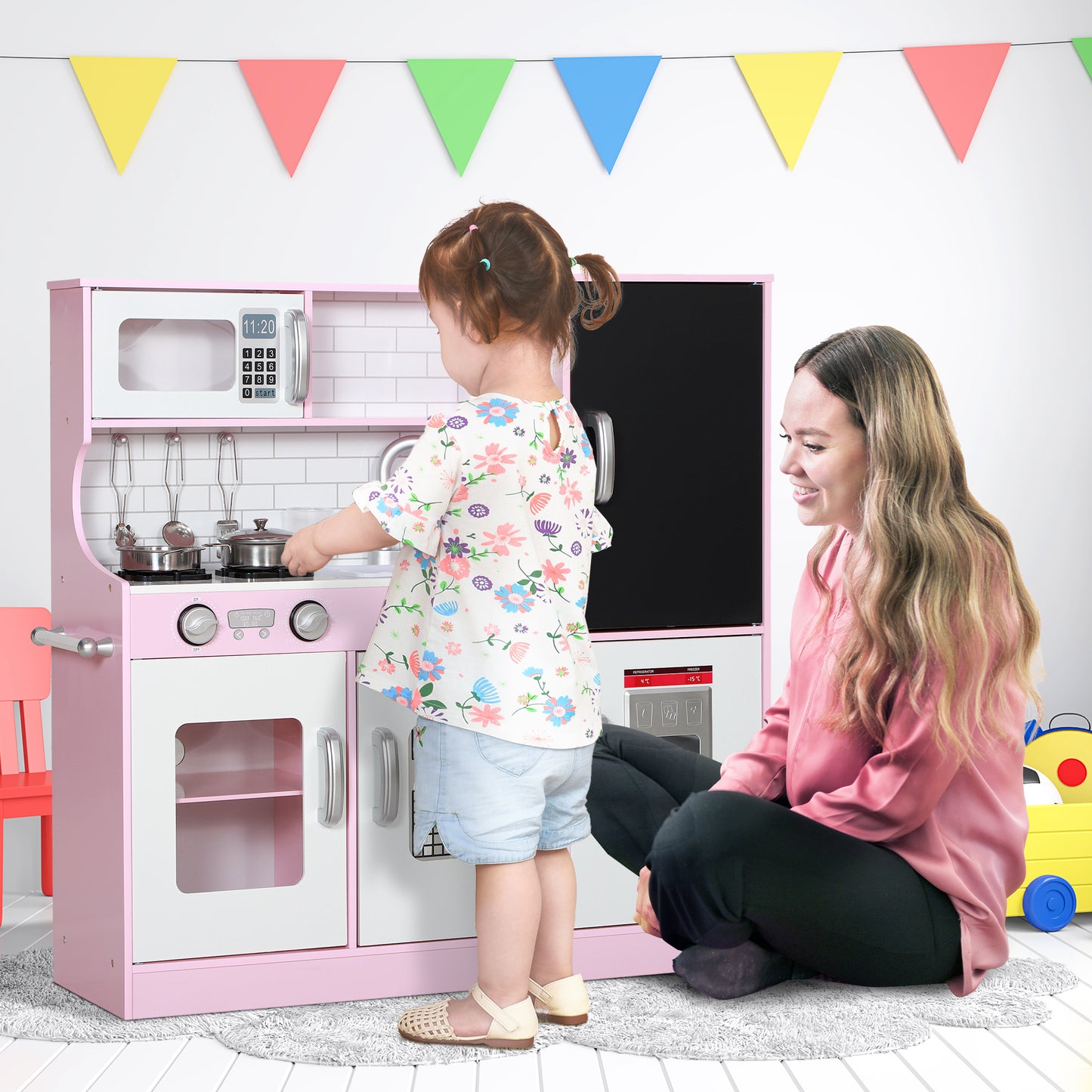 Pretend Play Kitchen, Kids Kitchen Playset W Toy Phone, Chalkboard, Microwave, Cooking Stove, Sink